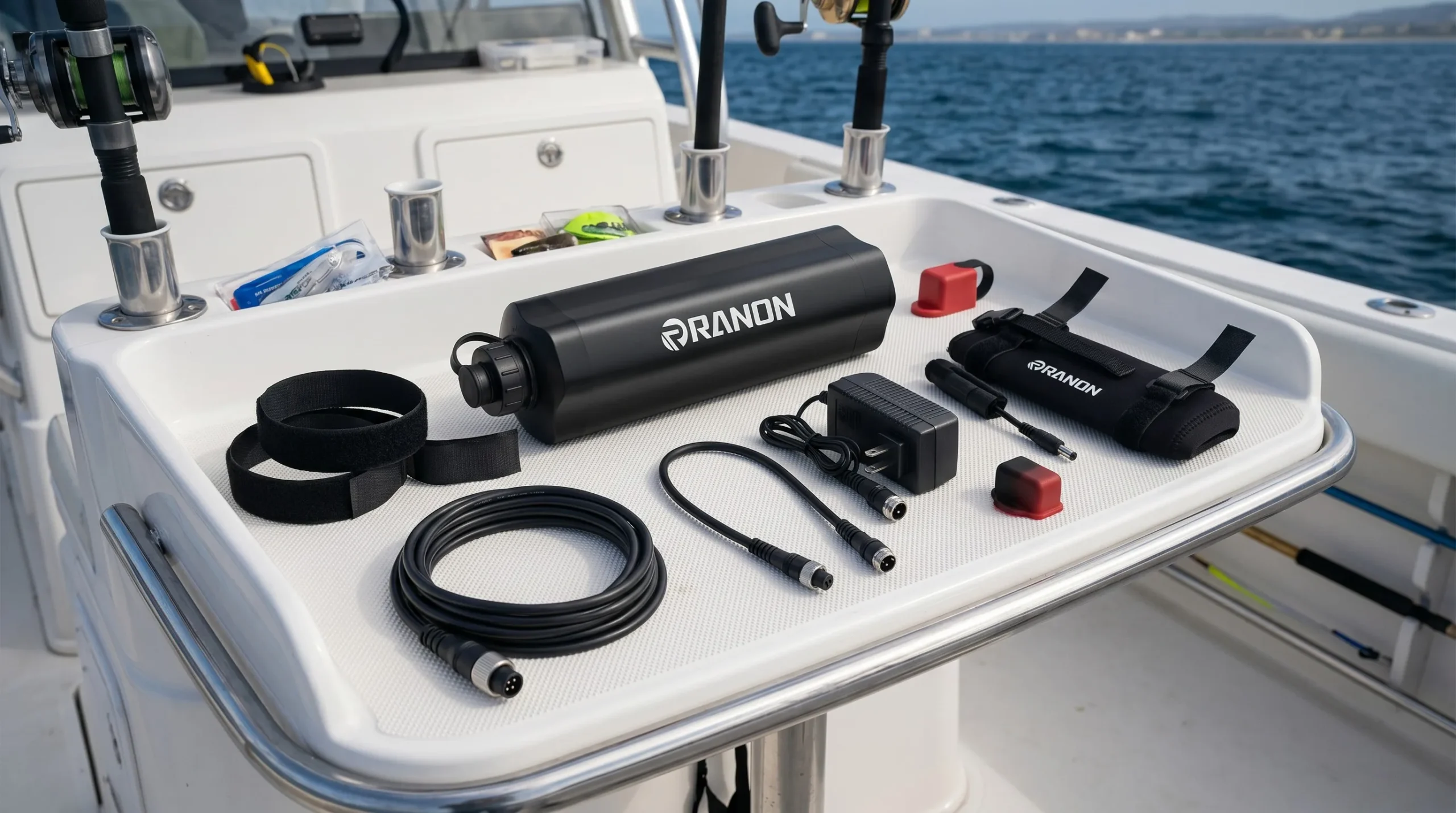 Direct-to-Reel Power Setup: How to Install and Maintain a RANON Electric Reel Battery for Offshore Fishing RANON electric reel battery direct-to-reel setup with Velcro straps and connector cover on boat rigging table